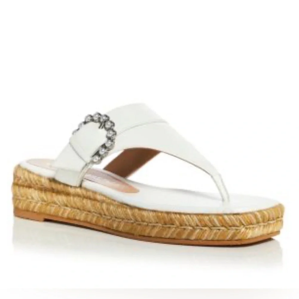 STUART WEITZMAN White Leather Pearl Buckle Thong Slip Espadrille Sandals Sz 6.5